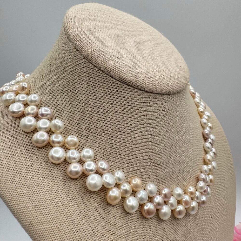 Layered Genuine Button Pearl Necklace Cream Peach Pink Wedding Season Bridal - Picture 2 of 15